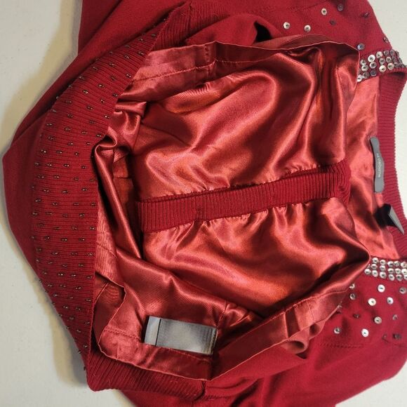 Liz Claiborne Silk Blend Red Embellished Cardigan Sweater Beaded Lined - Picture 10 of 12